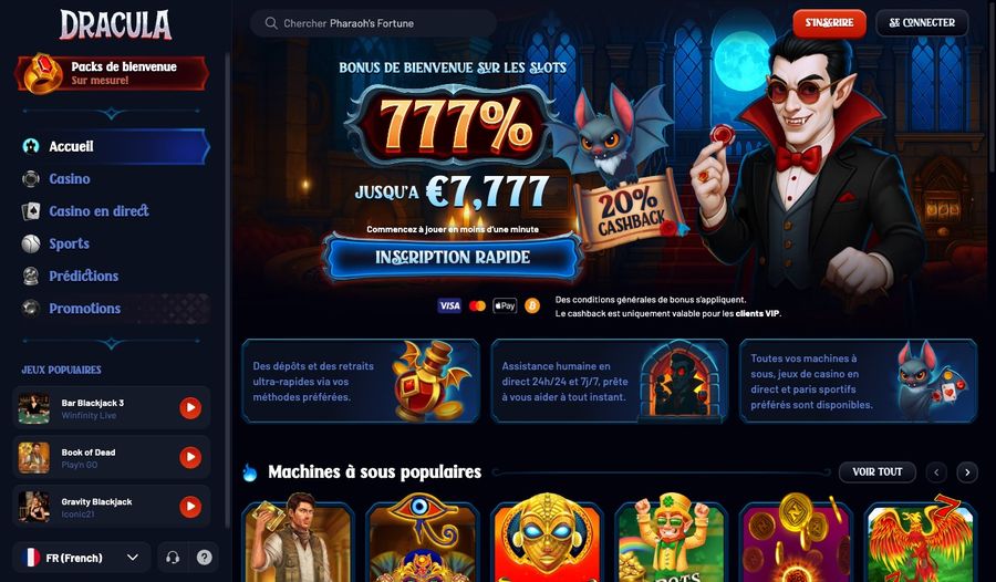 Capture d’écran du site Dracula Casino en version française
