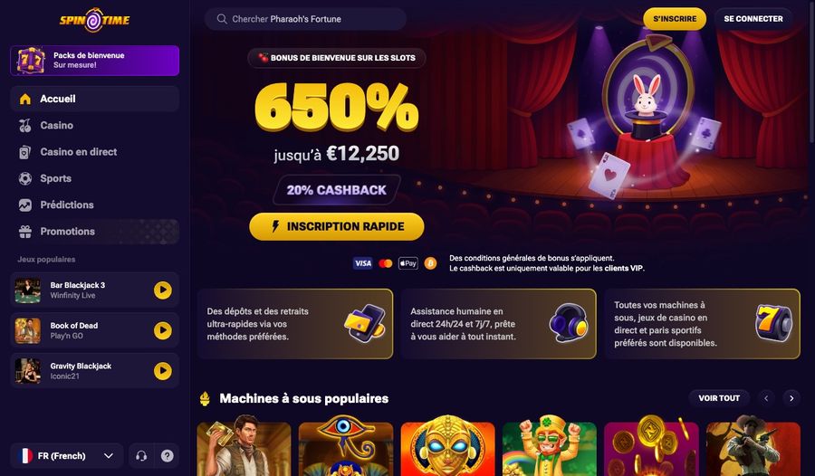 Capture d’écran du site Spin Time en version française
